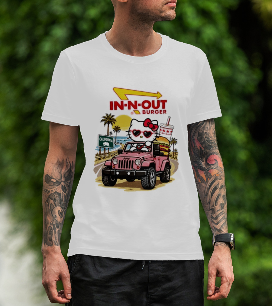 Hello Kitty In Pink Jeep With In N Out Burger California Adventure T-Shirt