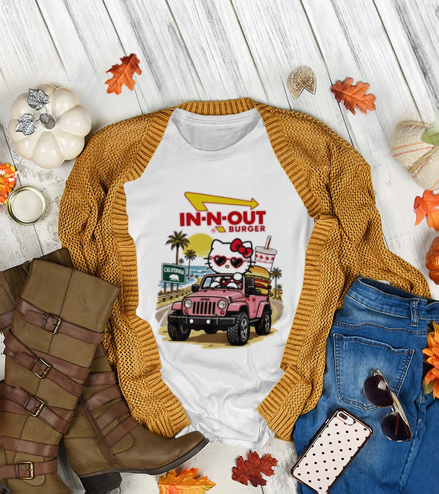 Hello Kitty In Pink Jeep With In N Out Burger California Adventure T-Shirt