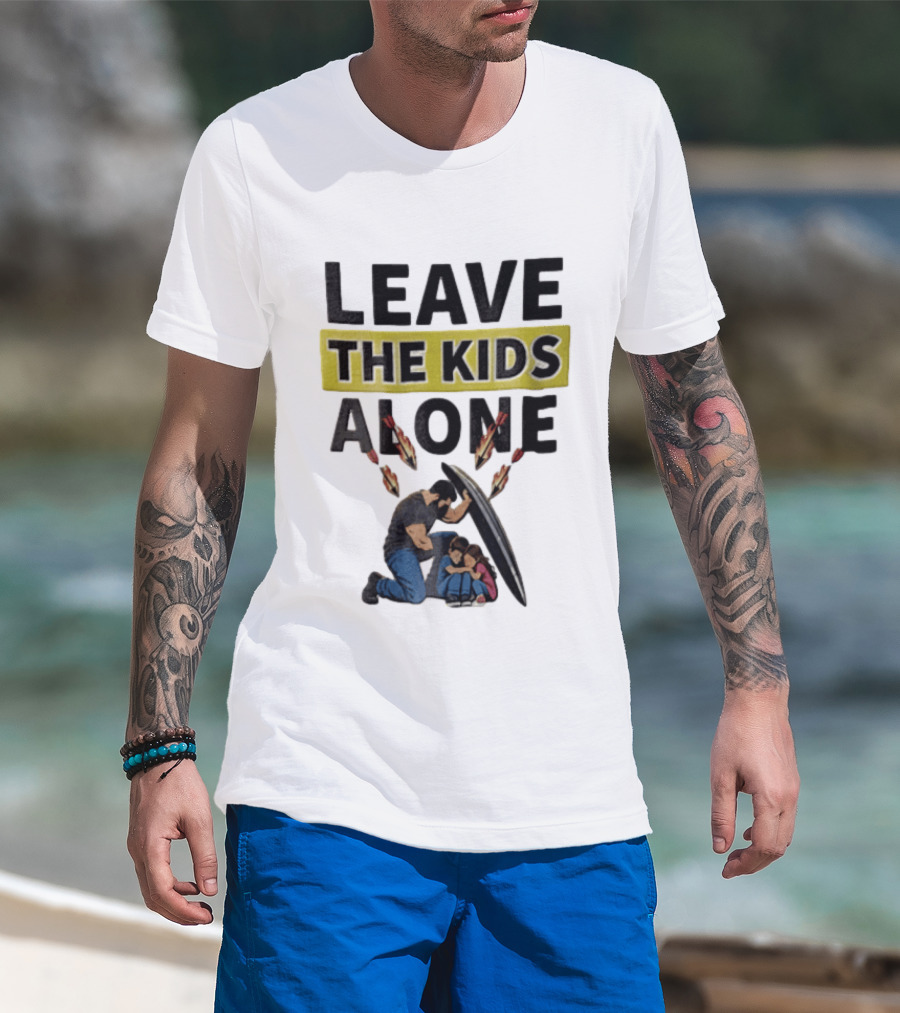 Leave The Kids Alone Bearded Man Shielding Children From Arrows T-Shirt
