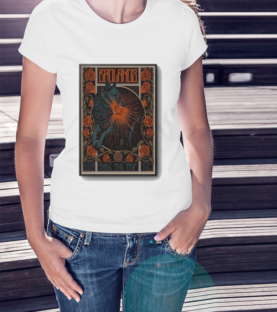 BADLANDS Festival Aug 20 22 2027 Take The Trip Stokterweg 14 Lottum Netherlands Retro Wolf And Roses T-Shirt