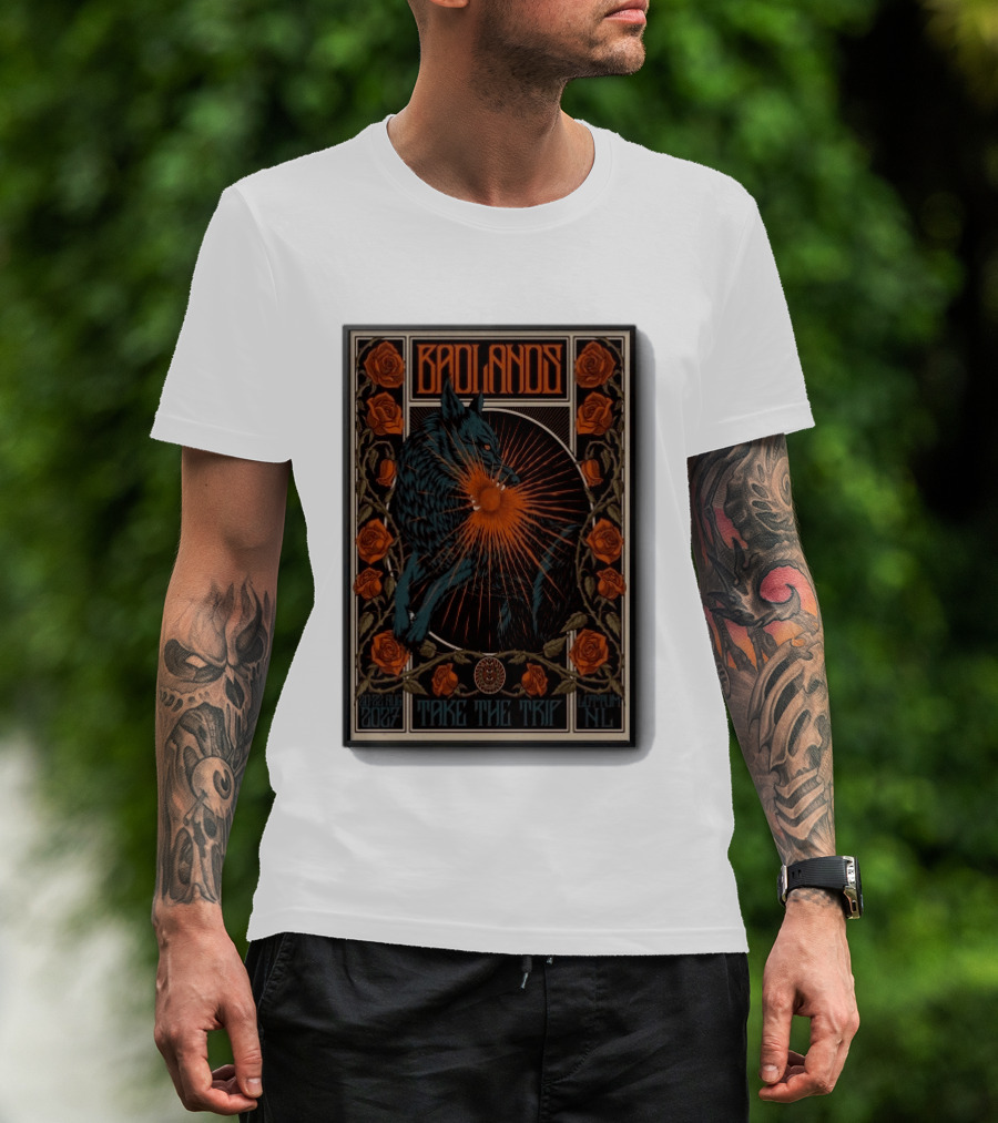 BADLANDS Festival Aug 20 22 2027 Take The Trip Stokterweg 14 Lottum Netherlands Retro Wolf And Roses T-Shirt