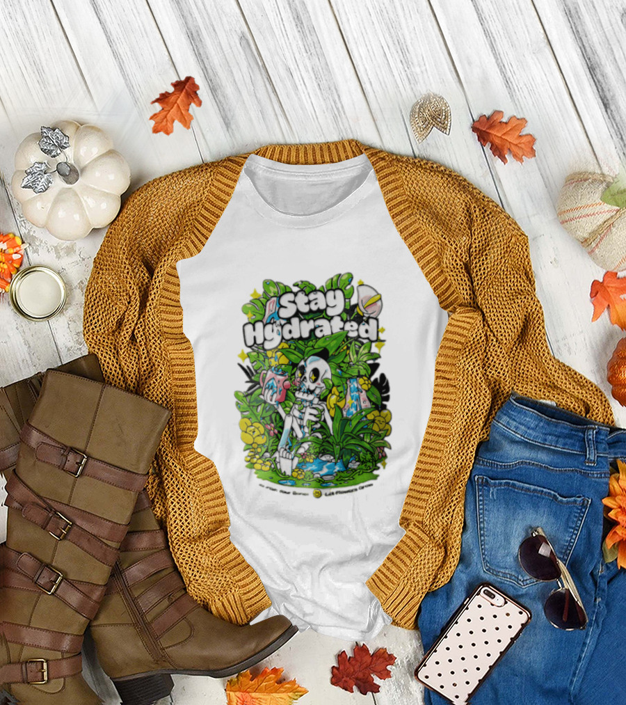 Stay Hydrated Quirky Skeleton Watering Lush Greenery And Flowers T-Shirt