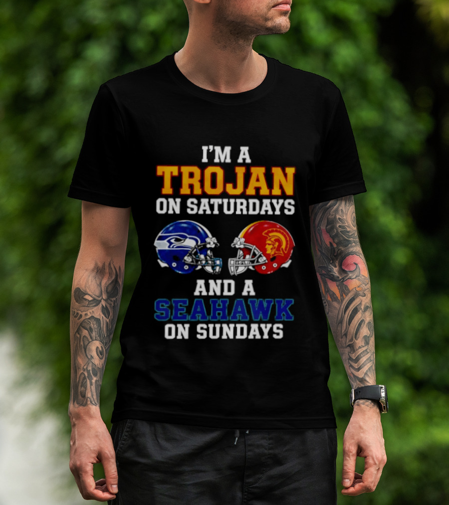 I'm A Trojan On Saturdays And A Seahawk On Sundays Football Helmets T-Shirt
