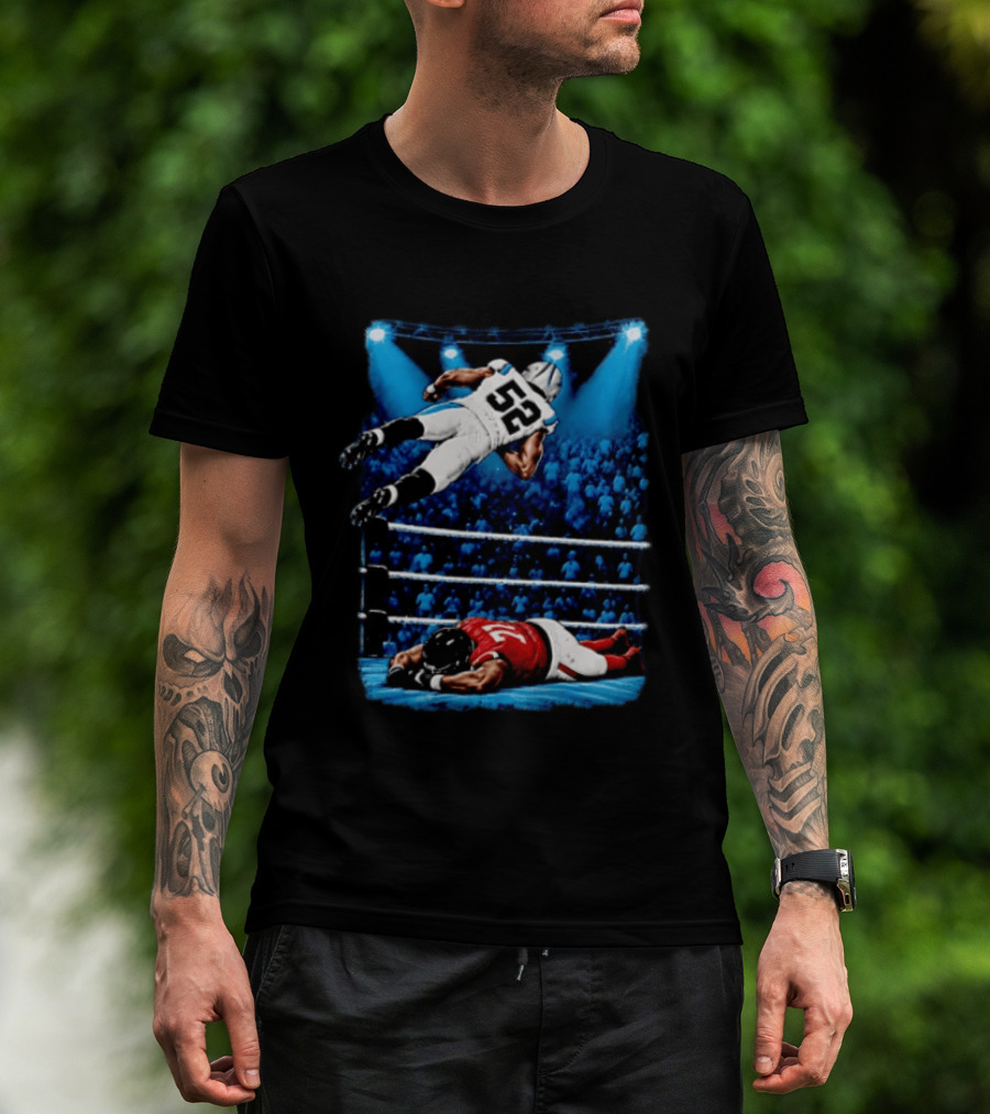 Football Player 52 Jumping Over Opponent In Wrestling Ring Spotlight Crowd T-Shirt