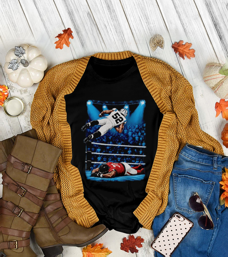 Football Player 52 Jumping Over Opponent In Wrestling Ring Spotlight Crowd T-Shirt