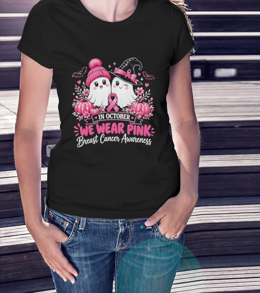 In October We Wear Pink Breast Cancer Awareness Ghost Pumpkin Witch T-Shirt