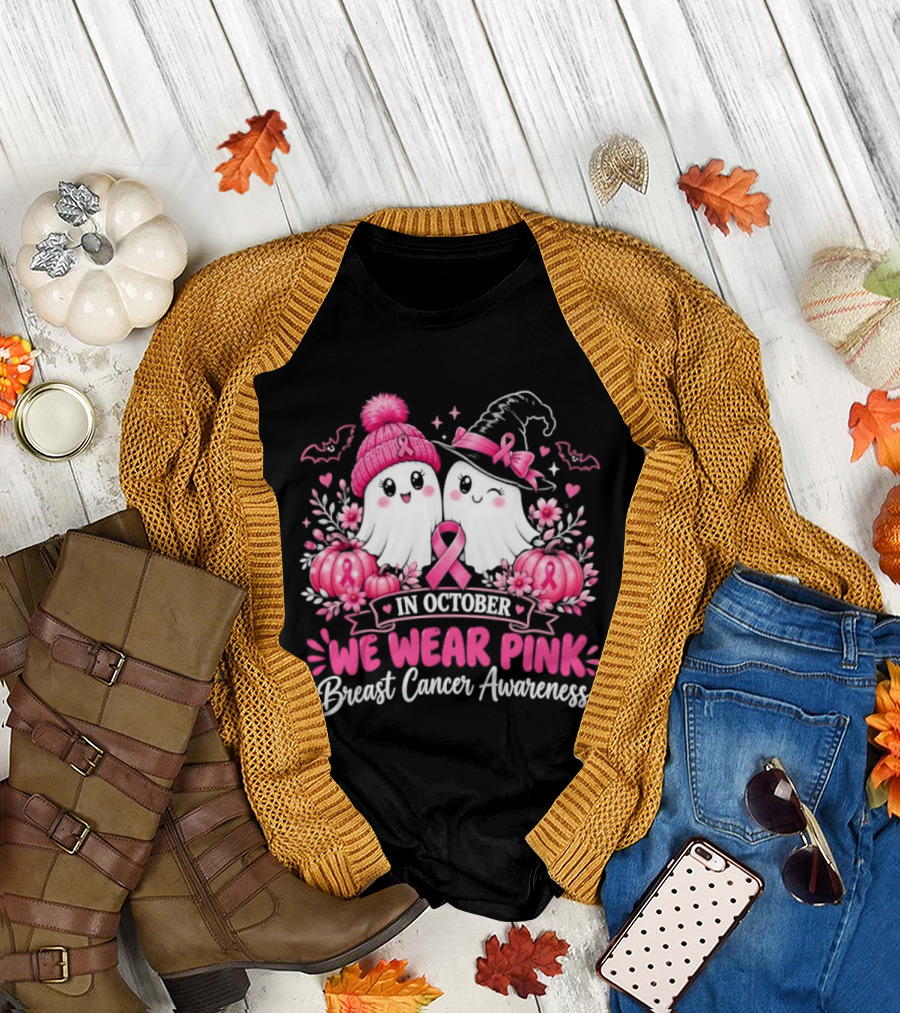 In October We Wear Pink Breast Cancer Awareness Ghost Pumpkin Witch T-Shirt