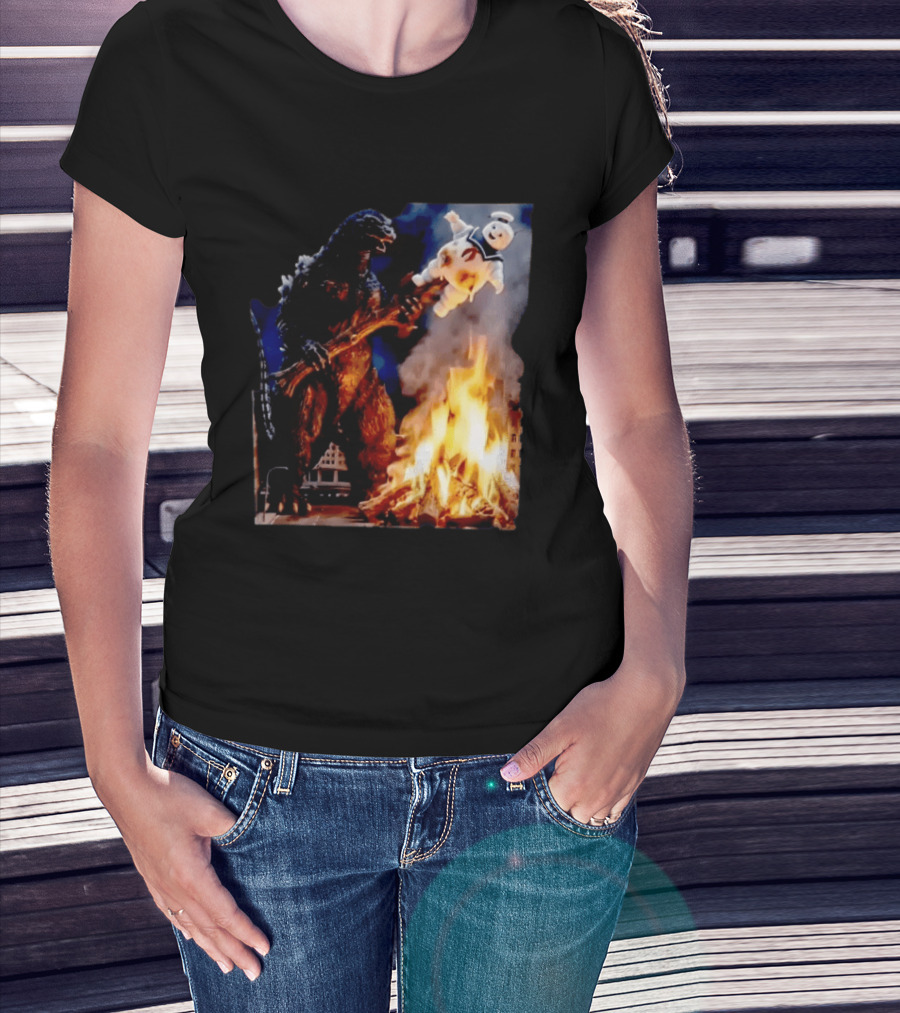 Kaiju Campfire Godzilla Holding Stay Puft Marshmallow Man T-Shirt