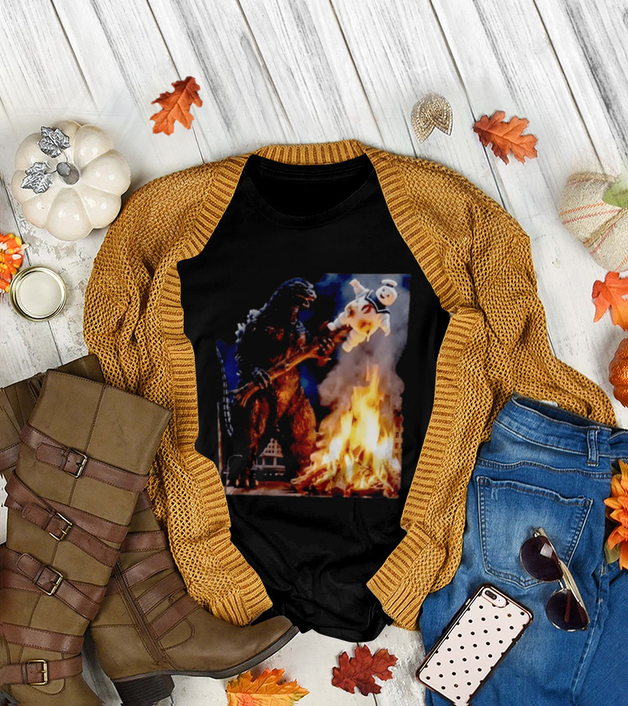 Kaiju Campfire Godzilla Holding Stay Puft Marshmallow Man T-Shirt