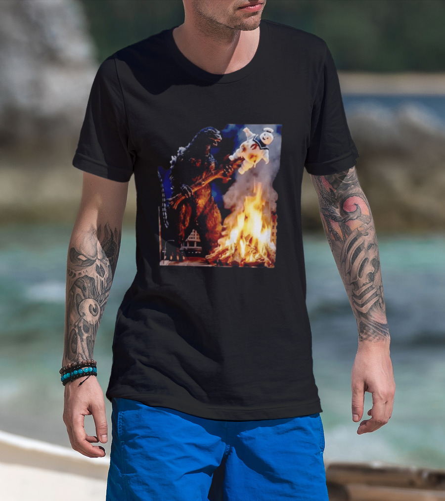 Kaiju Campfire Godzilla Holding Stay Puft Marshmallow Man T-Shirt