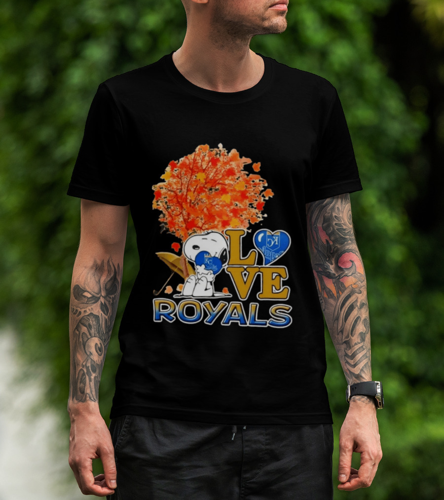 KC Royals Love Snoopy Hug Heart Peanuts Baseball Fall Tree T-Shirt