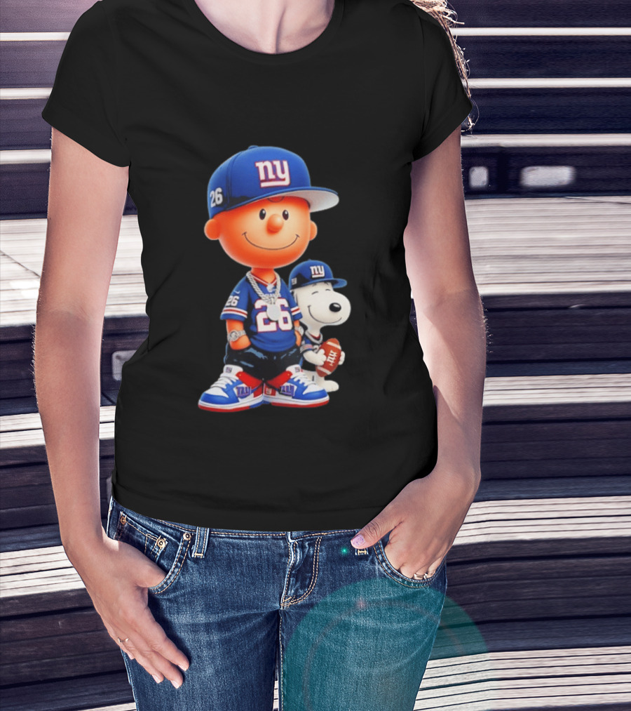 Peanuts Characters In New York Giants Team Sportswear T-Shirt
