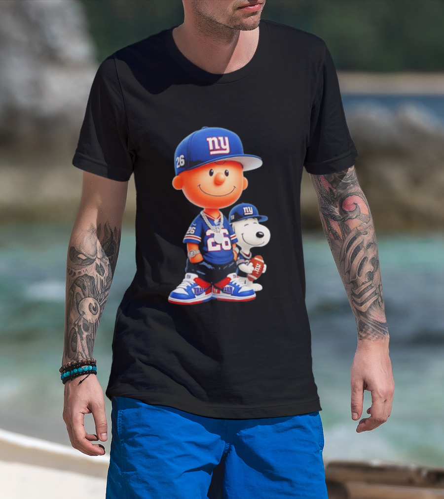 Peanuts Characters In New York Giants Team Sportswear T-Shirt