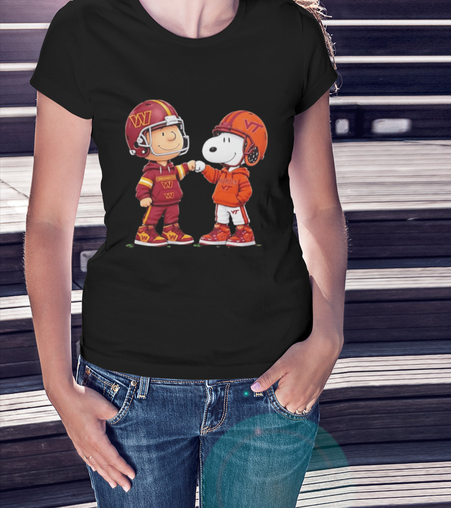 Peanuts Snoopy Charlie Brown Washington Commanders Virginia Tech Hokies Collaboration Fist Bump T-Shirt