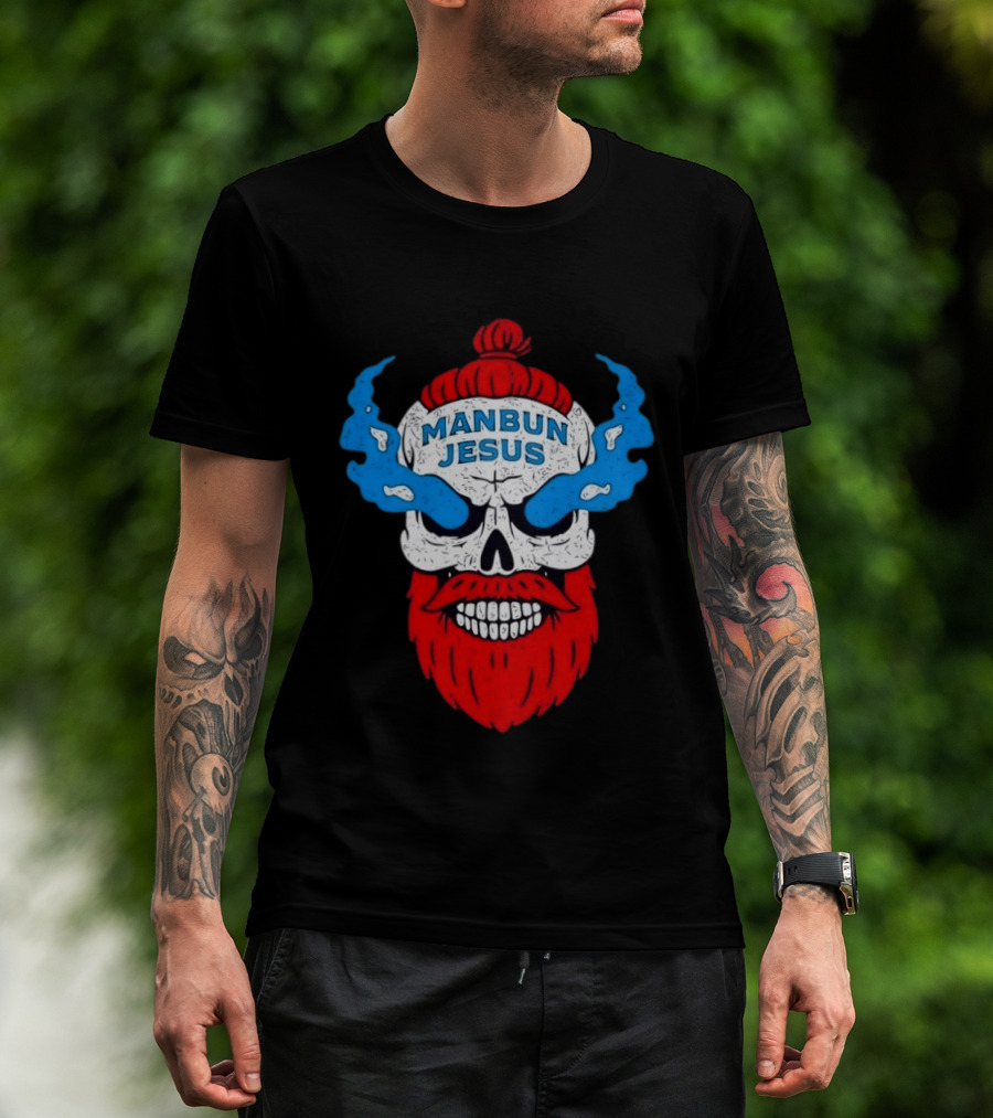 Manbun Jesus Skull Blue Flames Red Beard T-Shirt