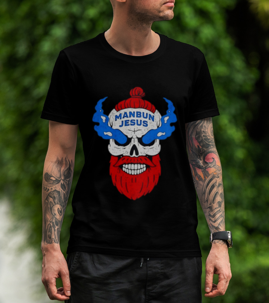 Manbun Jesus Skull Flame Beard Retro Stone Man Cold Bun T-Shirt