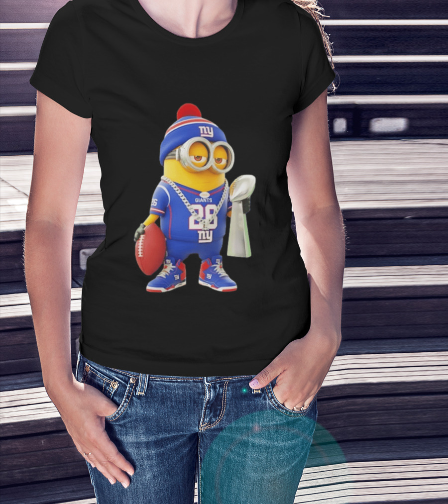 Minion In New York Giants Jersey With Football Trophy And Beanie T-Shirt