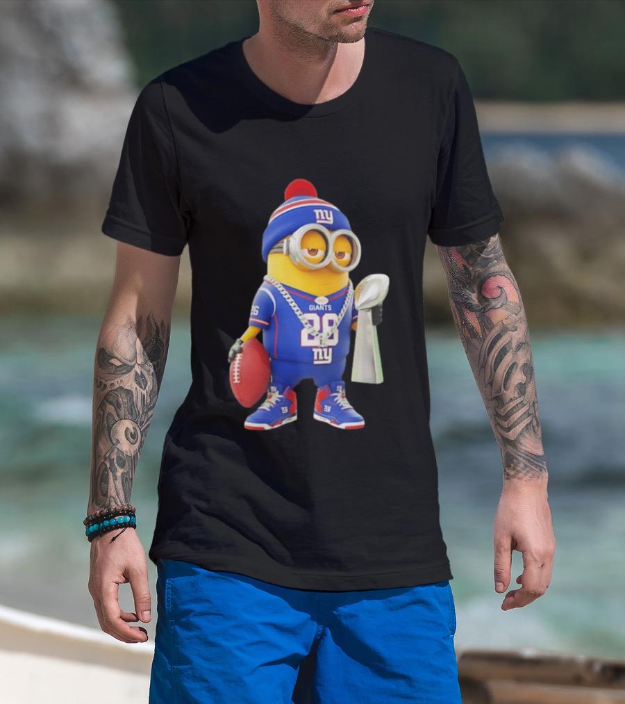 Minion In New York Giants Jersey With Football Trophy And Beanie T-Shirt