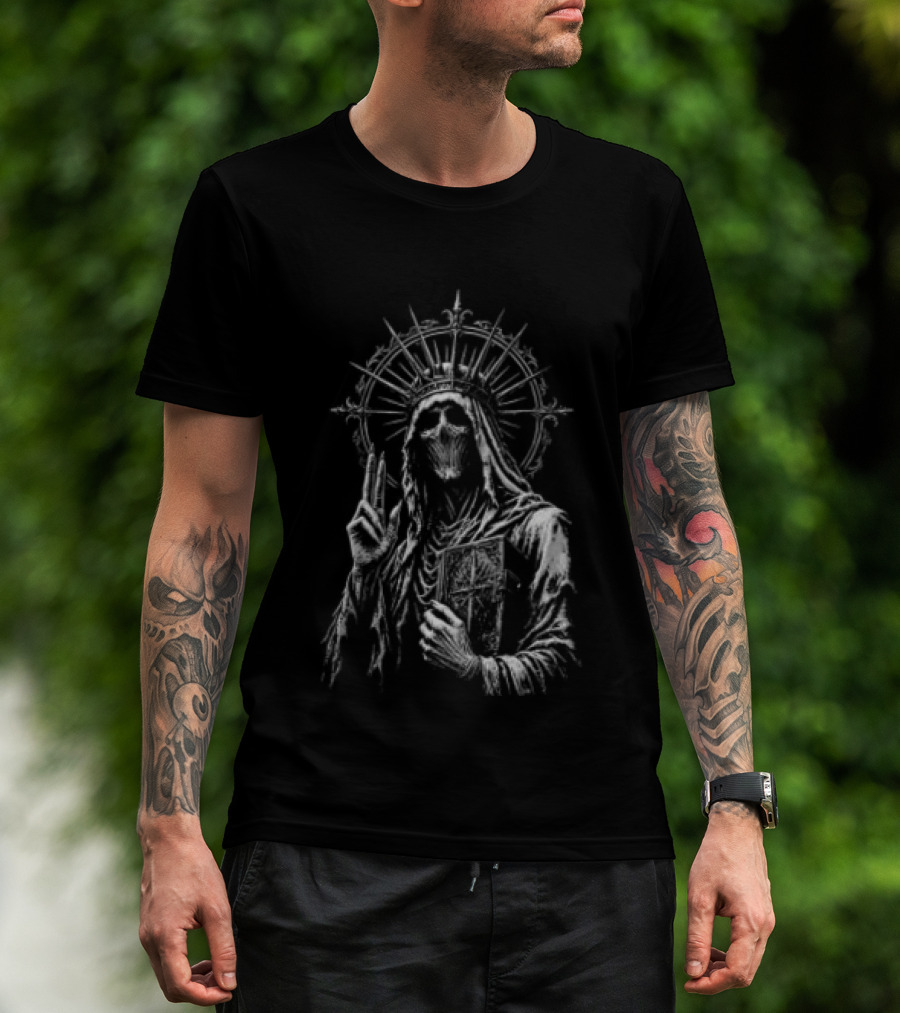 Skeletal Crowned Figure With Radiant Halo Holding Book T-Shirt