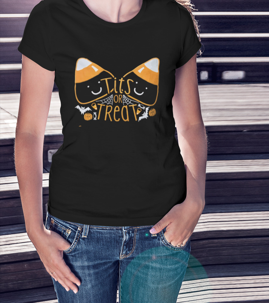 Halloween Candy Corn Faces Tits Or Treat With Spiders Webs Bats Pumpkins T-Shirt