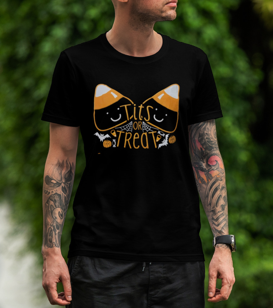 Halloween Candy Corn Faces Tits Or Treat With Spiders Webs Bats Pumpkins T-Shirt