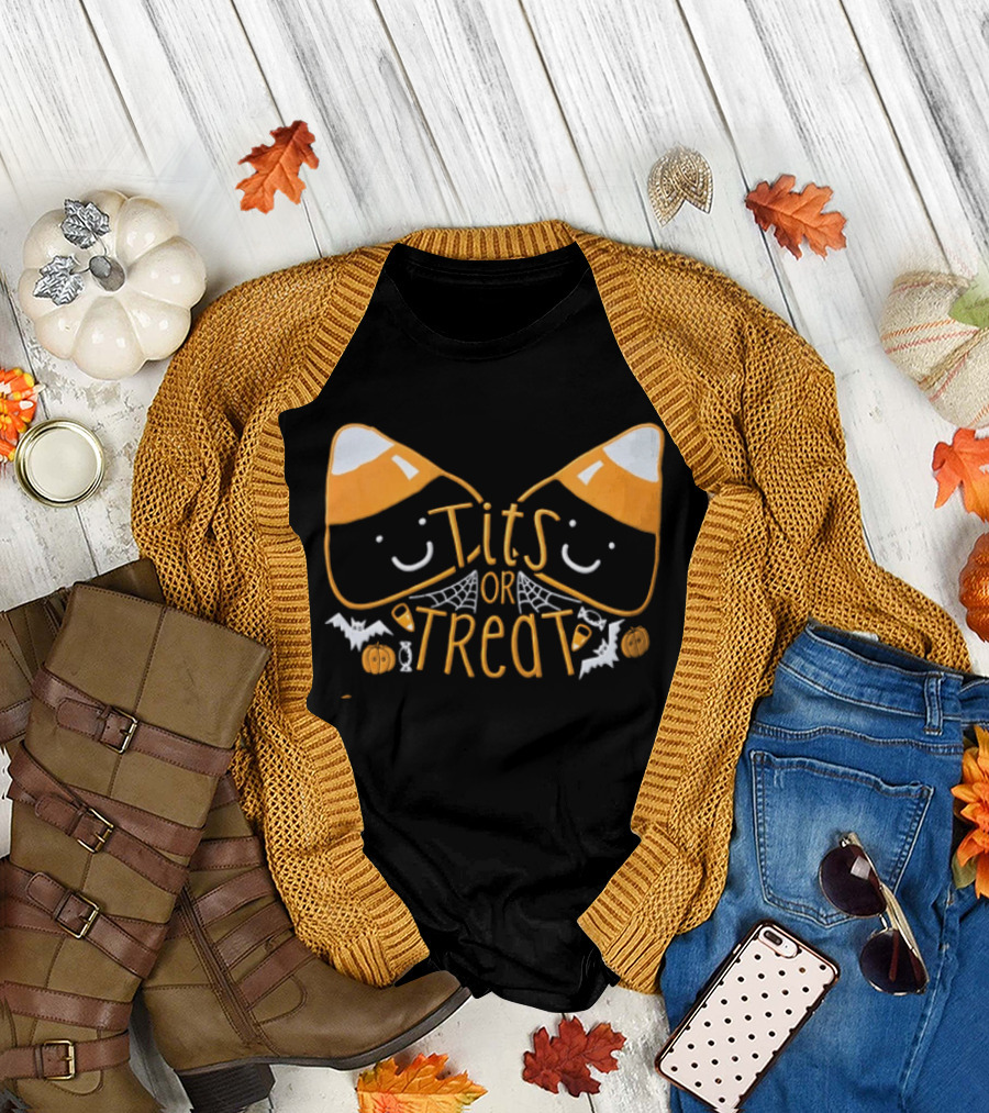 Halloween Candy Corn Faces Tits Or Treat With Spiders Webs Bats Pumpkins T-Shirt