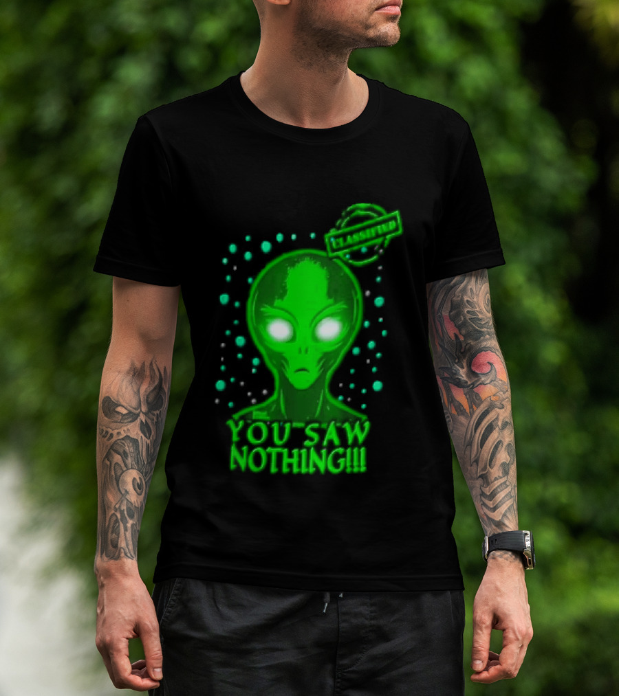 Green Alien You Saw Nothing Glowing Eyes UFO Dots T-Shirt