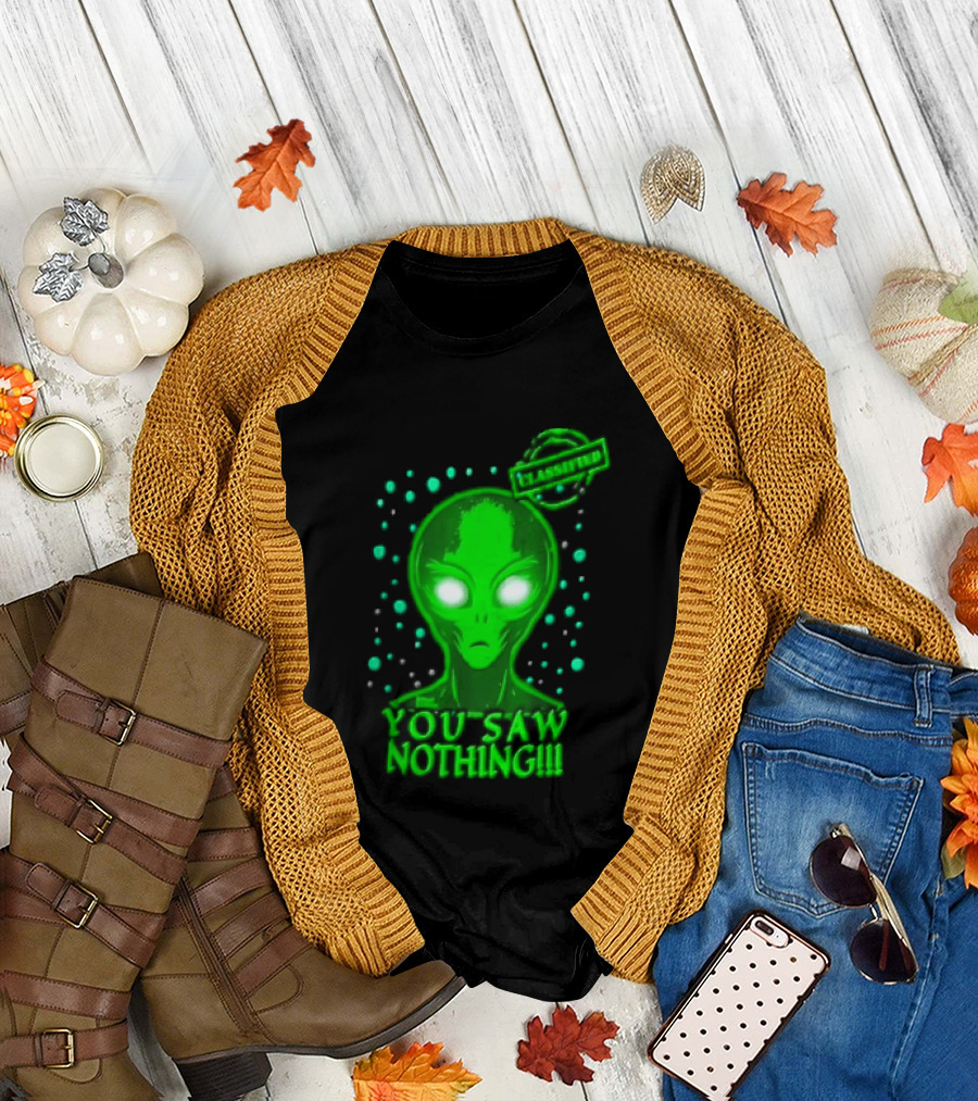 Green Alien You Saw Nothing Glowing Eyes UFO Dots T-Shirt