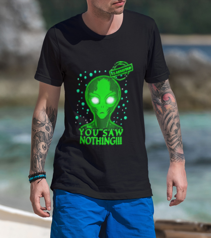 Green Alien You Saw Nothing Glowing Eyes UFO Dots T-Shirt