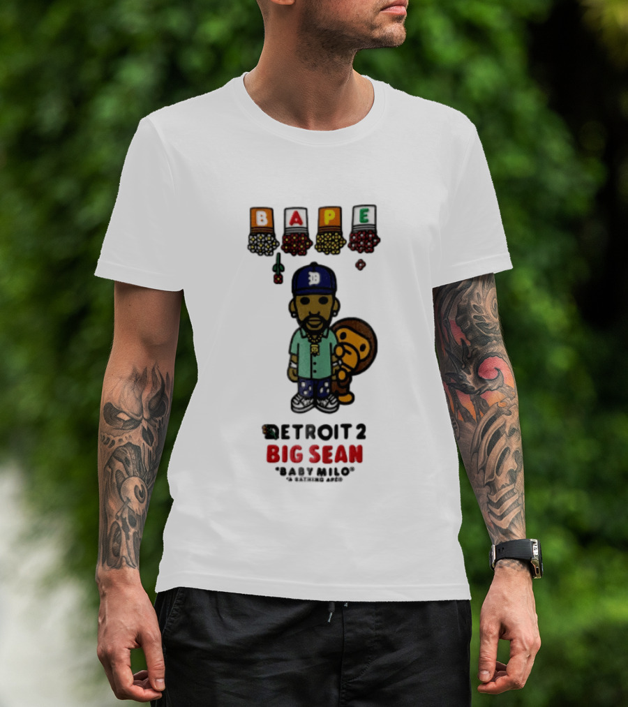 BAPE Big Sean Detroit 2 Baby Milo Cartoon Man Wearing Cap T-Shirt