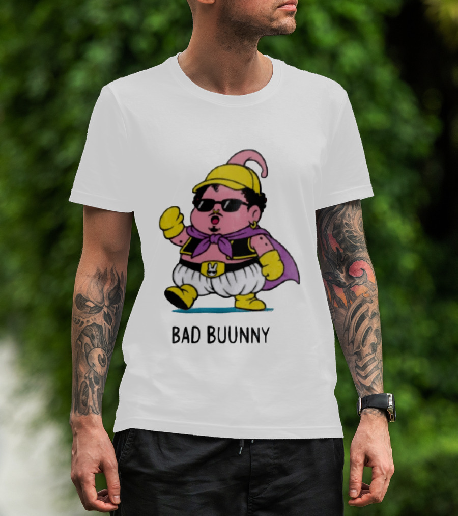 Bad Buunny Pink Majin Buu Sunglasses Yellow Hat Cape Cartoon T-Shirt