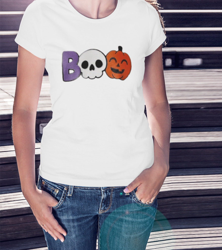 BOO Skull Pumpkin Purple Letter Halloween Fun T-Shirt