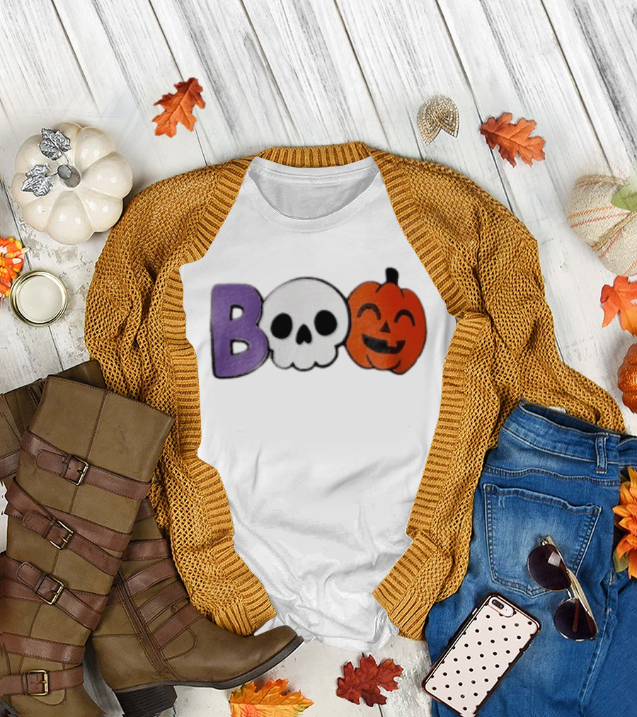 BOO Skull Pumpkin Purple Letter Halloween Fun T-Shirt