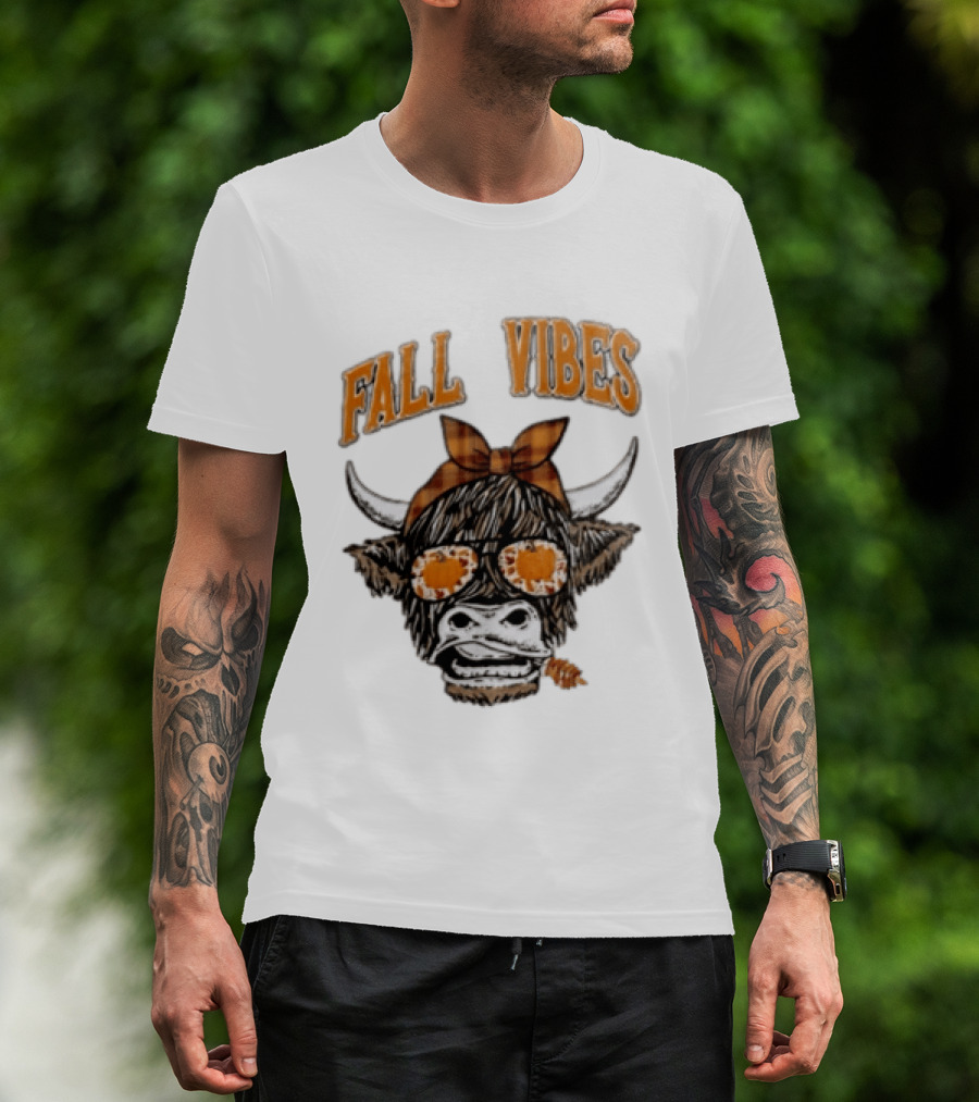 Fall Vibes Highland Cow Plaid Bow Sunglasses Pumpkins T-Shirt