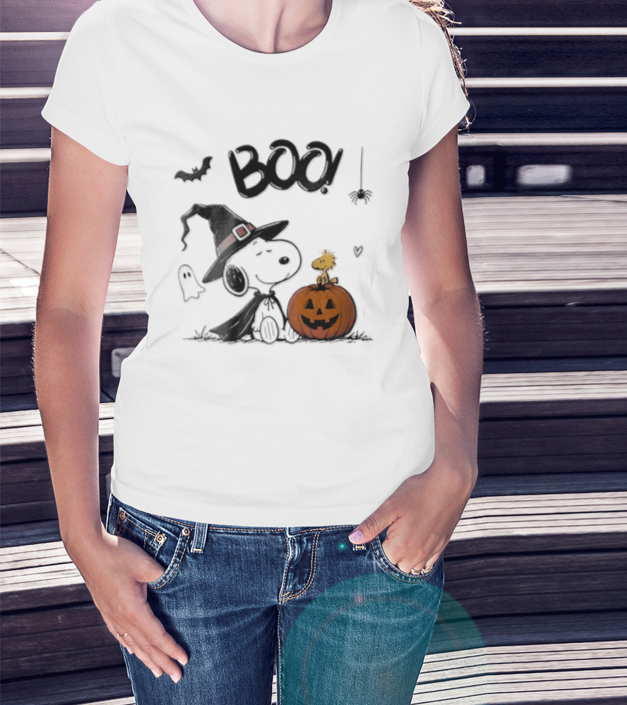 Peanuts BOO Snoopy Witch Hat Woodstock Pumpkin Halloween T-Shirt