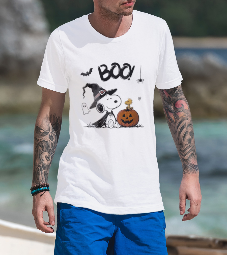 Peanuts BOO Snoopy Witch Hat Woodstock Pumpkin Halloween T-Shirt