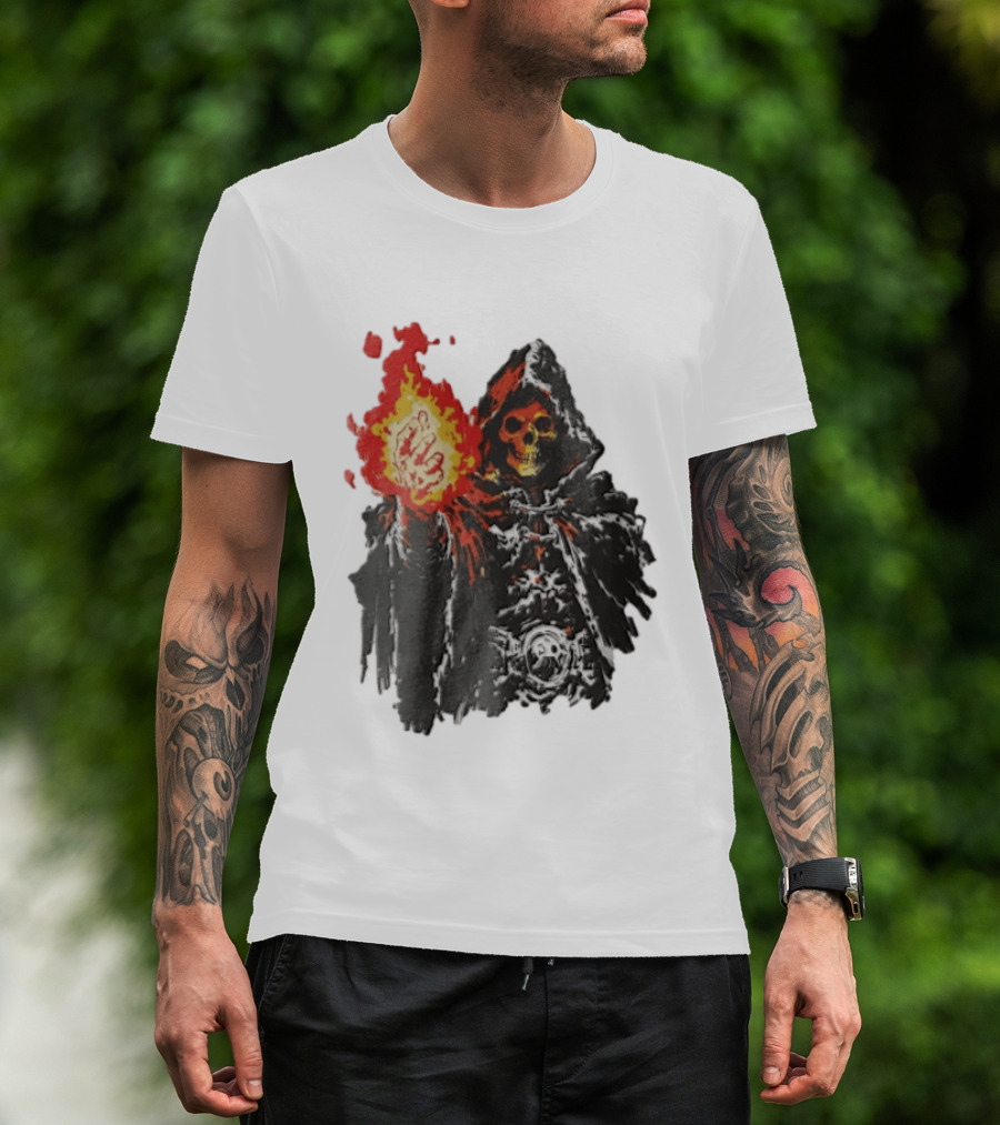 Skeleton Holding Fire Skeletor Hooded Cloak And Fiery Fist T-Shirt