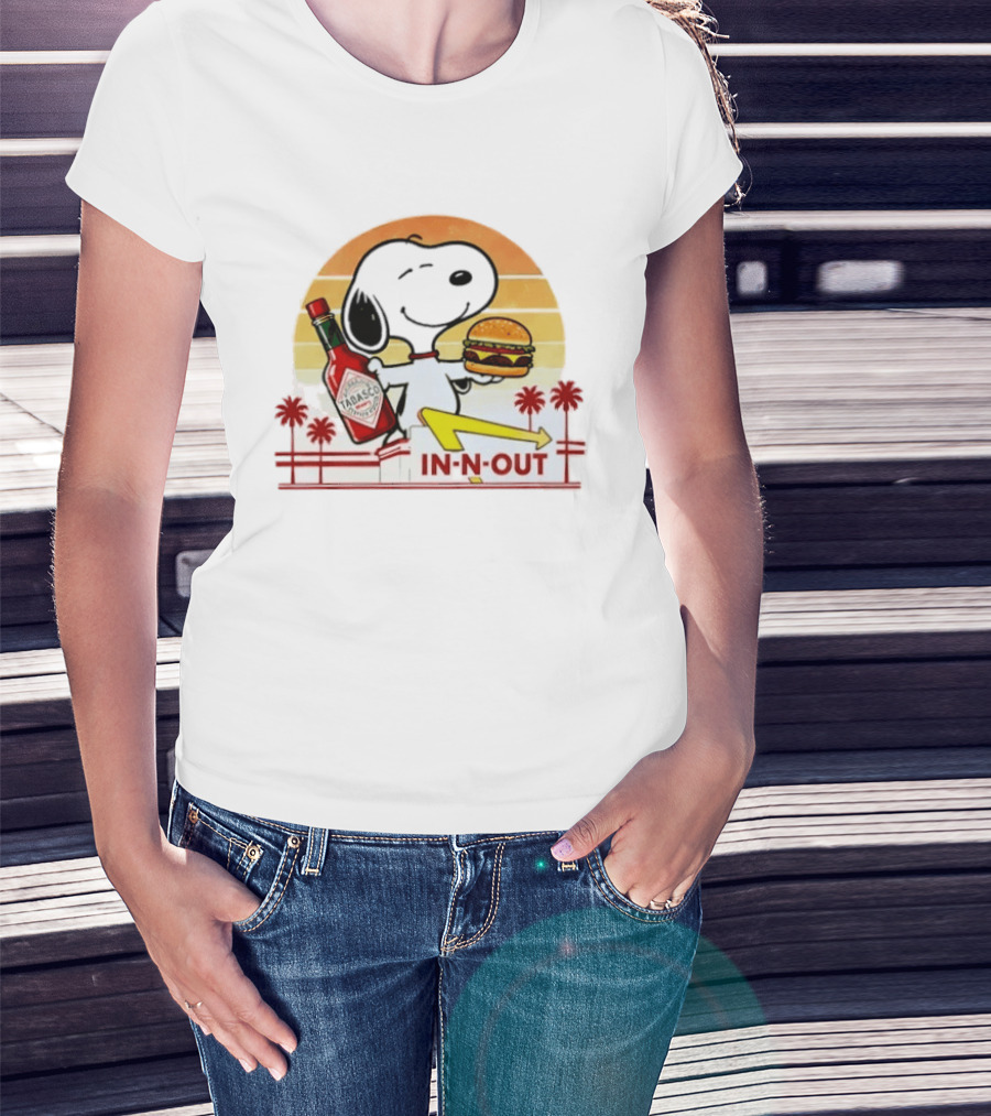Snoopy Holding Tabasco Bottle And In N Out Burger Delightful Combination T-Shirt