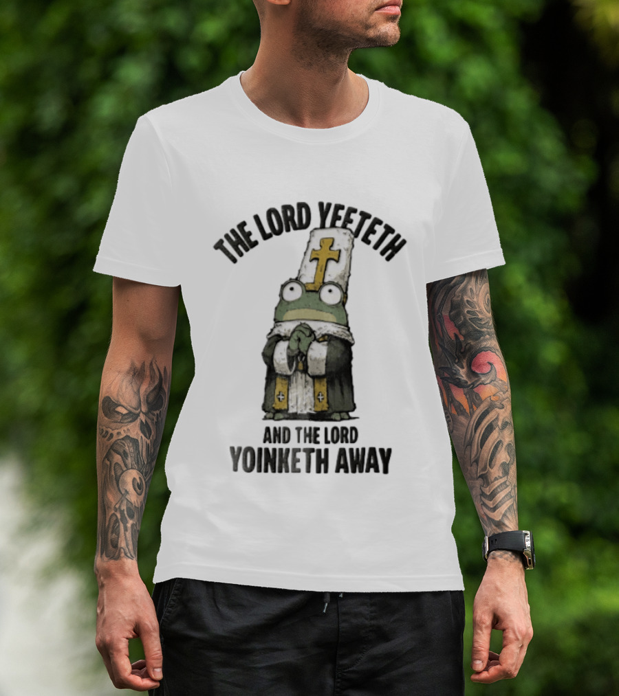 The Lord Yeeteth And The Lord Yoinketh Away Frog In Religious Vestments With Mitre Praying T-Shirt