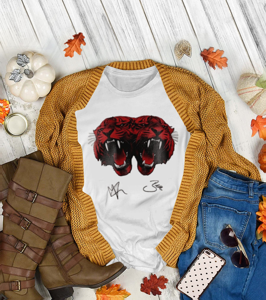 Tigers Heads Roaring Red Dual Fierce Animal T-Shirt
