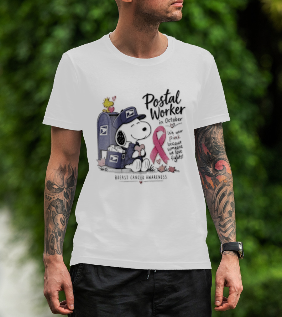 Postal Worker Snoopy And Woodstock With Pink Ribbon Supporting Fighters T-Shirt