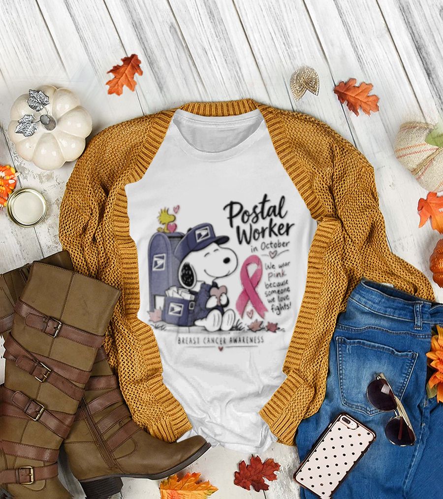 Postal Worker Snoopy And Woodstock With Pink Ribbon Supporting Fighters T-Shirt