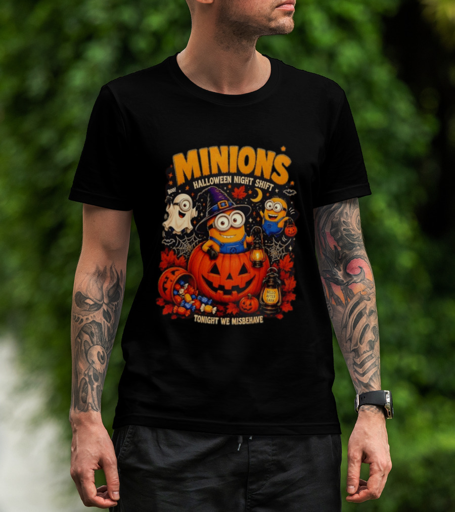 Minions Halloween Night Shift Bello After Dark Tonight We Misbehave Ghosts Pumpkins T-Shirt