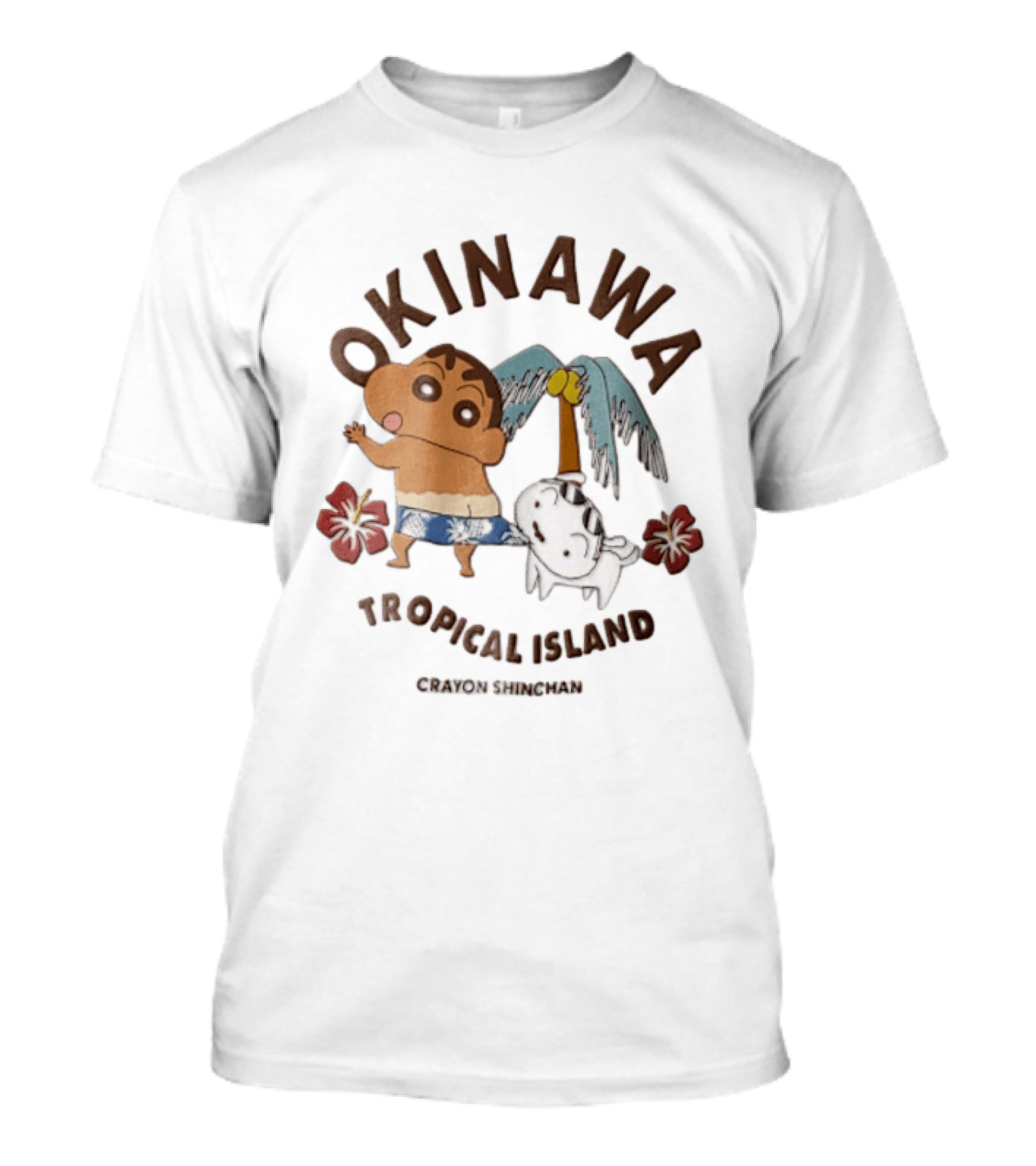 Okinawa Tropical Island Crayon Shin Chan Shinnosuke Nohara Shiro Palm Tree Hibiscus T-Shirt