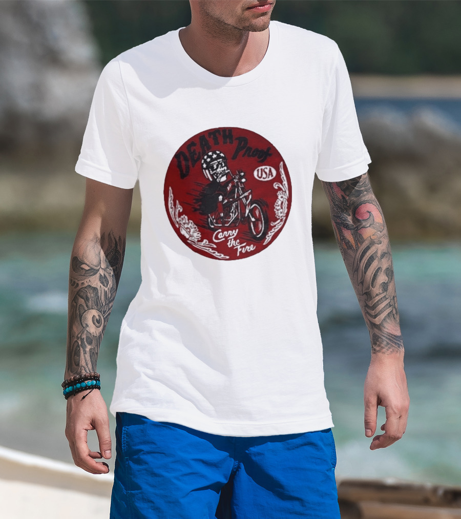 Death Proof USA Easy Rider Skull Motorcycle Carry The Fire T-Shirt
