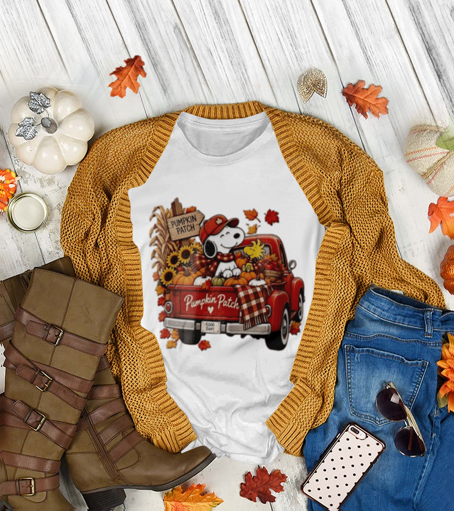 Peanuts Snoopy Woodstock Red Truck Pumpkin Patch Harvest Good Days T-Shirt