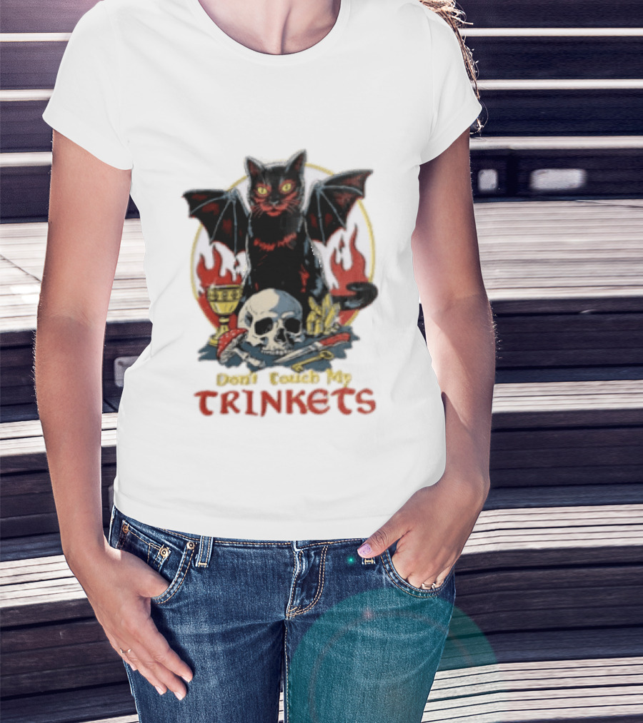 Steven Rhodes Cat Skull Chalice Flames Don't Touch My Trinkets T-Shirt