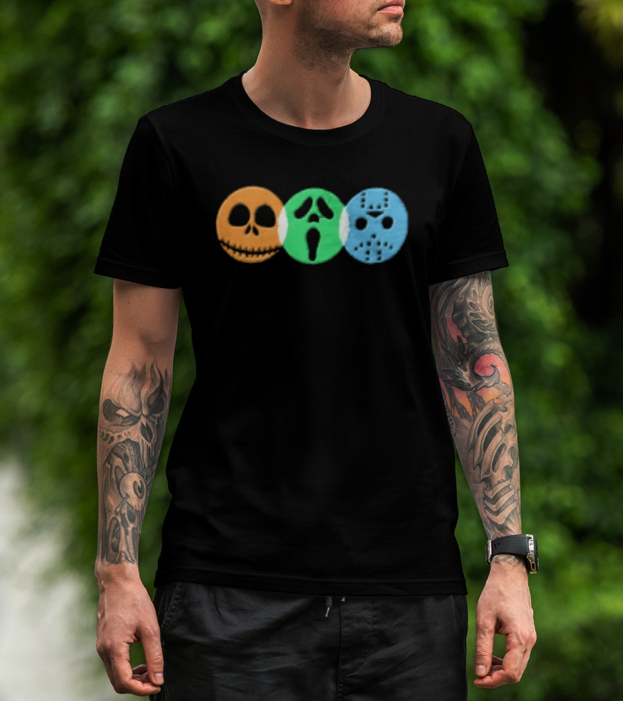 Halloween Horror Characters Colorful Circles Skulls And Masks T-Shirt