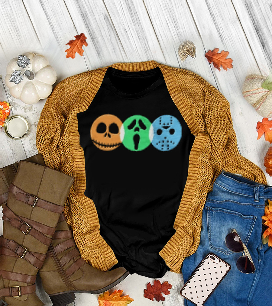 Halloween Horror Characters Colorful Circles Skulls And Masks T-Shirt