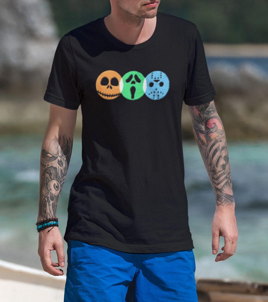 Halloween Horror Characters Colorful Circles Skulls And Masks T-Shirt